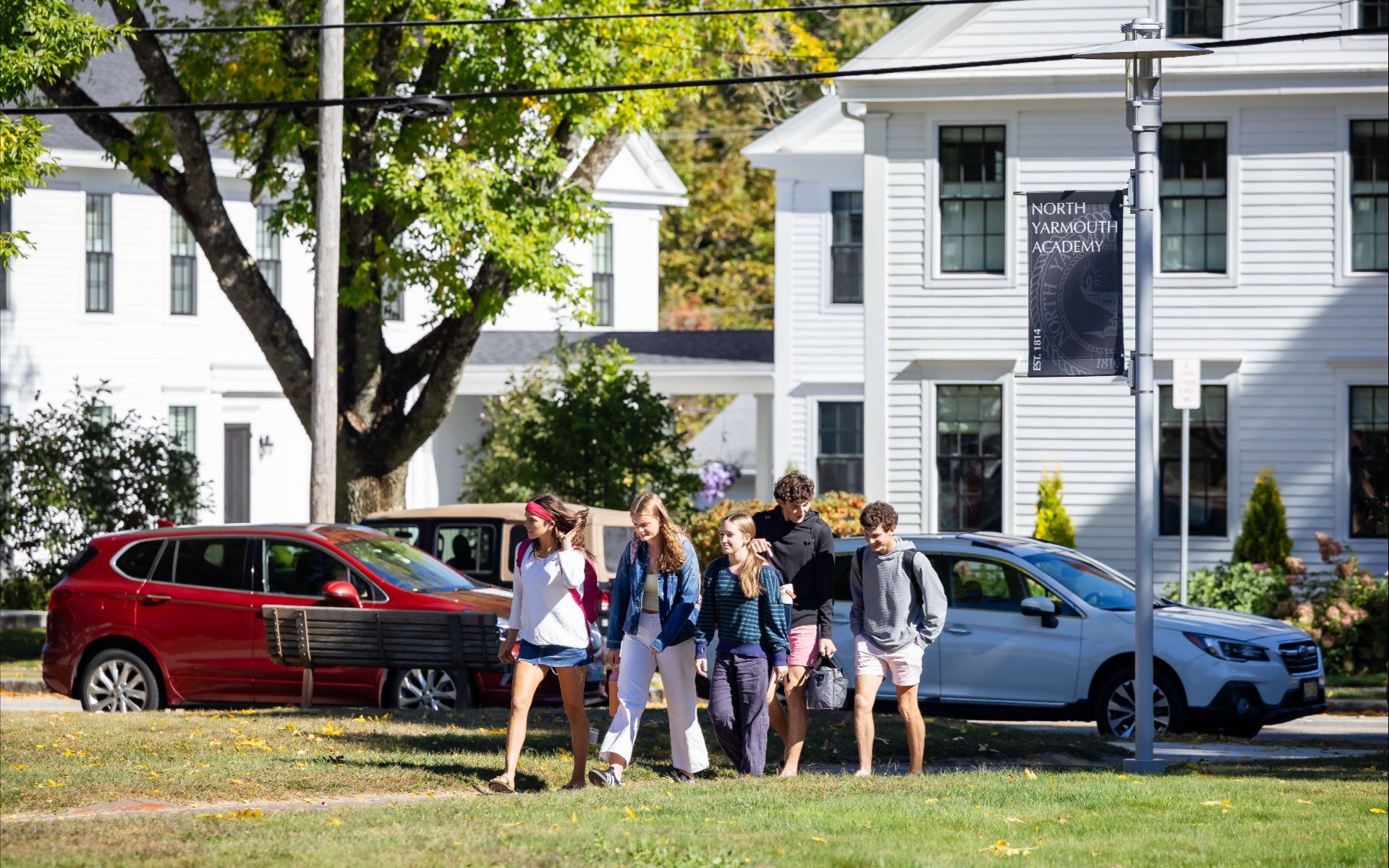 Students walking across the North Yarmouth Academy campus